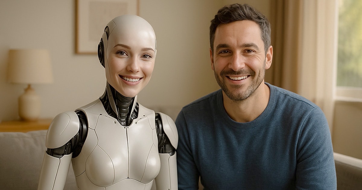 Humanoid női robot egy férfi mellett ül, beszélgetnek és egymásra mosolyognak, a férfi szerelmes a robotba
